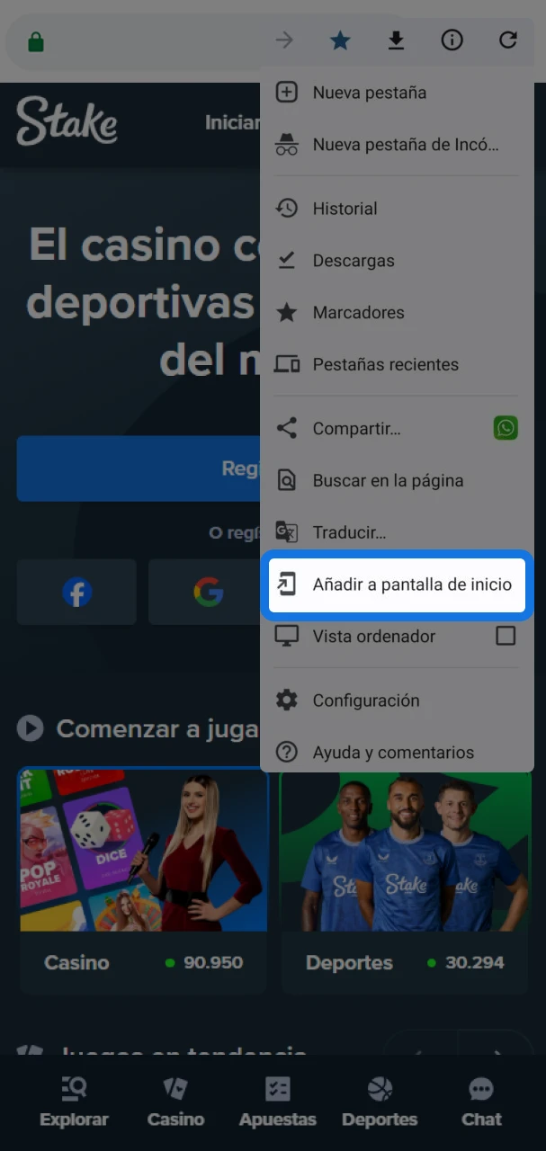 Seleccione el menú Añadir para mostrar el icono de la aplicación Stake en su dispositivo.