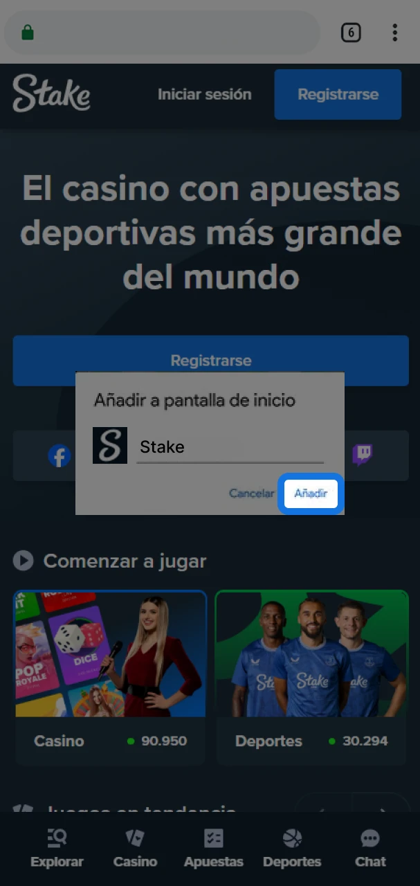 Complete la instalación de la aplicación Stake y vaya a la sección del casino.