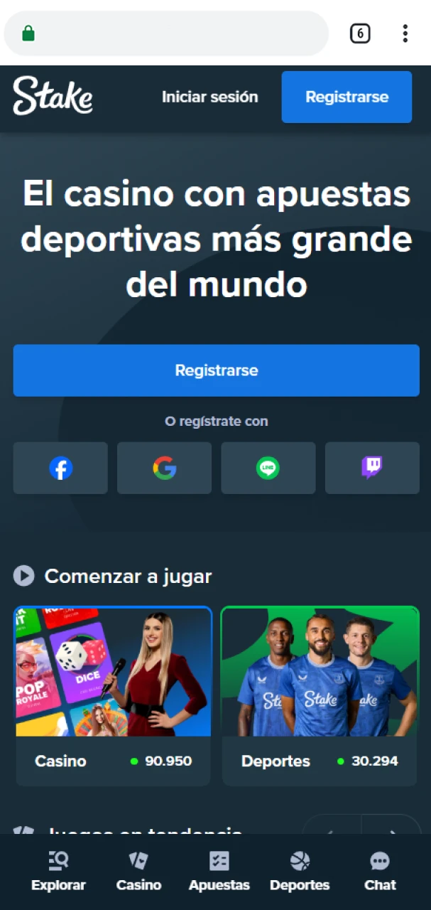 Abre tu navegador y escribe la página oficial de Stake.