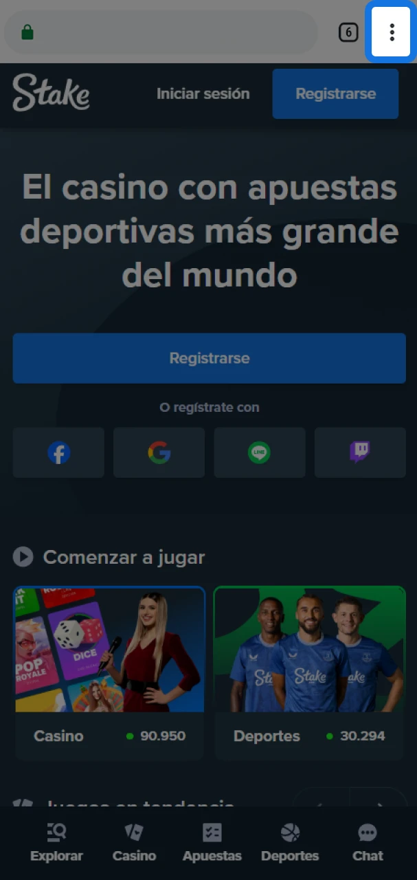 Abre el menú del navegador para instalar rápidamente la aplicación Stake.