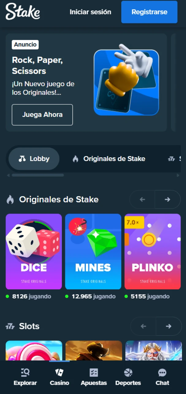 Juegos y tragaperras en la aplicación Stake.