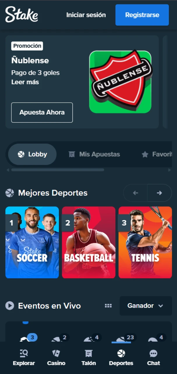 Apuestas deportivas disponibles en la casa de apuestas Stake.