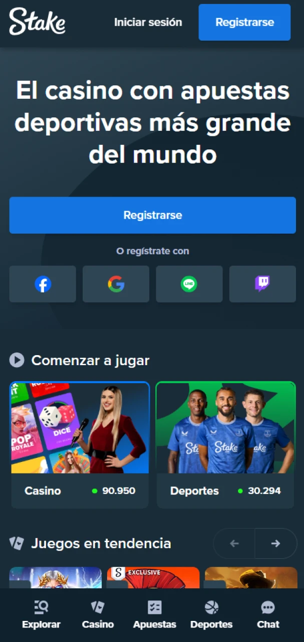 Página de inicio en la aplicación Stake.