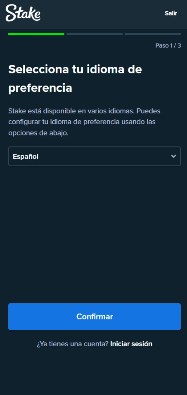 Seleccione español durante el proceso de inscripción en el sitio web de Stake.
