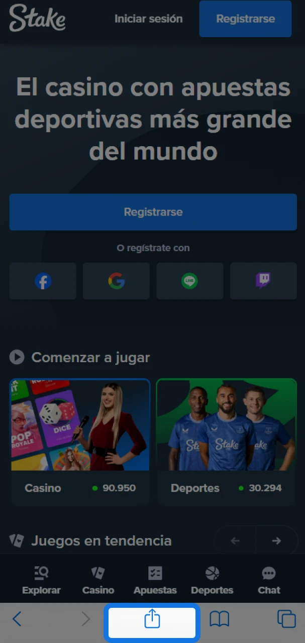 Proceda a instalar la aplicación Stake seleccionando el menú Compartir de su navegador.