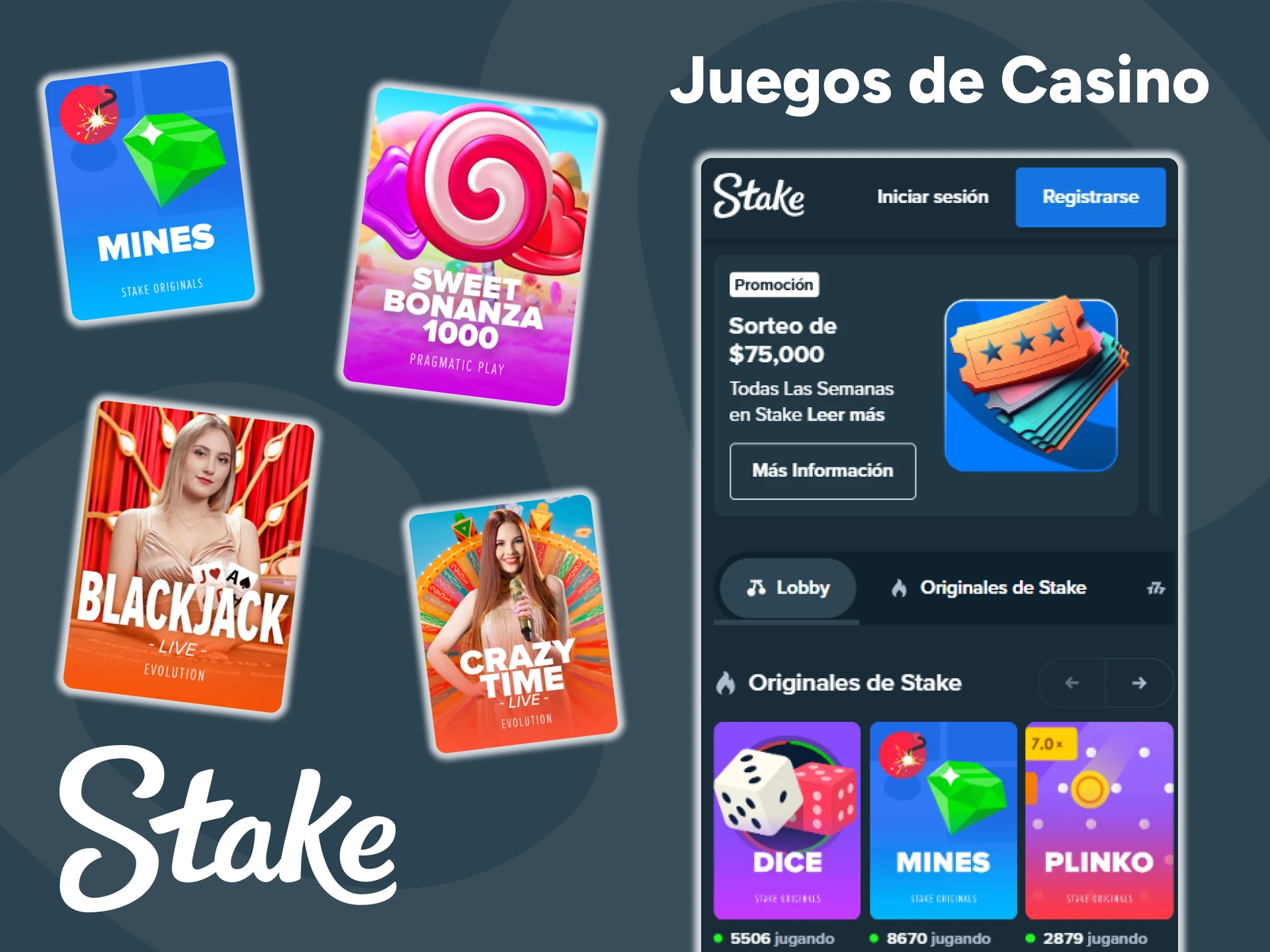 Disfruta jugando a tragaperras, juegos exclusivos de Stake, juegos de mesa y otros juegos en la aplicación.