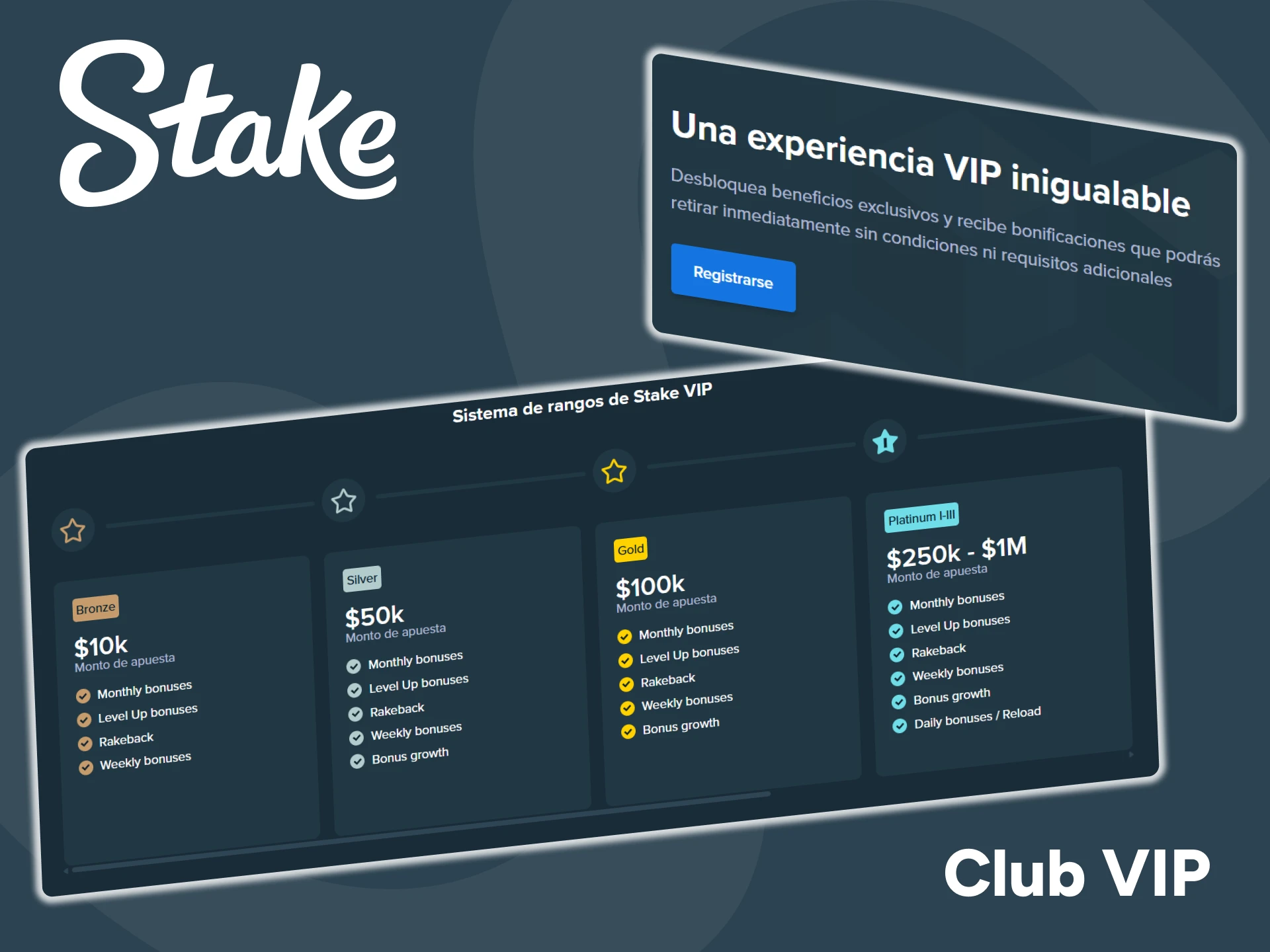 Regístrate en Stake y únete al club VIP para ganar recompensas.