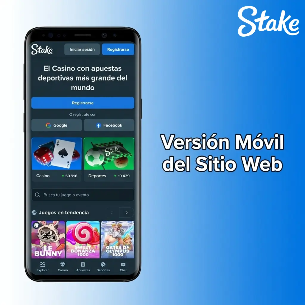 Versión móvil del sitio Stake: acceso rápido desde cualquier navegador sin instalación, compatible con todos los dispositivos.